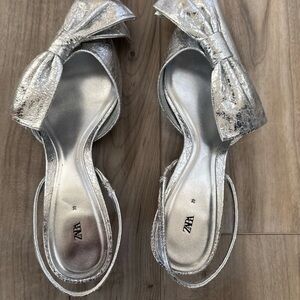 Zara Silver Metallic Slingback Kitten Heels with Bow